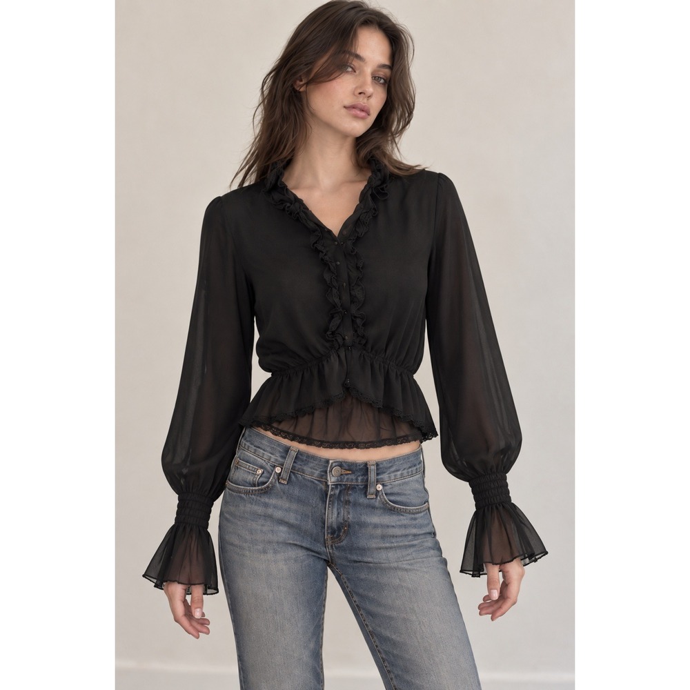 Blugirl Blumarine Vintage Silk Black Ruffle Lace Smocked Blouse IT 40 US 4